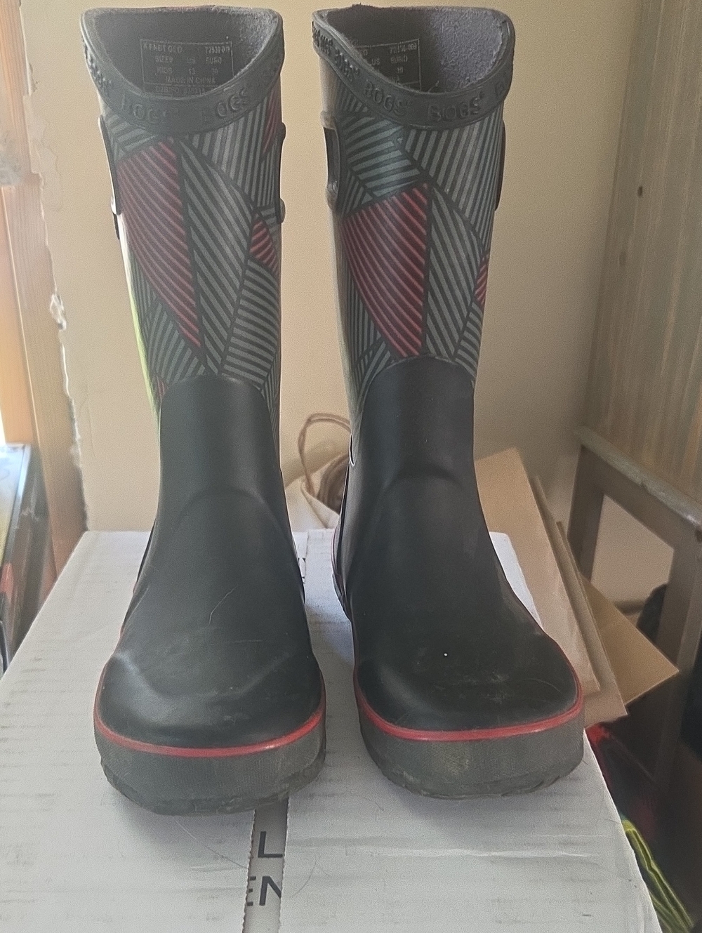 Bogs Kids Black Rain Boots with Red and Green Geometric Accents